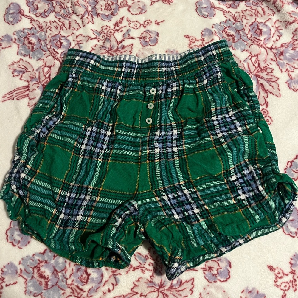 Aerie High Waist Green Plaid Shorts